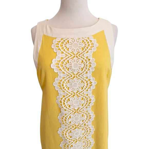 Jessica J Howard Sleeveless Linen Yellow White Shift Dress 12 Wide Lace Preppy - Picture 8 of 13